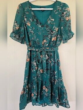 Express Teal Floral V-Neck Midi Dress with Tie Waist. Women's Size XS.
